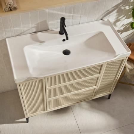 BOTA-1000FLUTED-STONE Scudo Bota Freestanding 1000mm Fluted Vanity Unit and Basin in Stone with Black Basin Tap and Waste