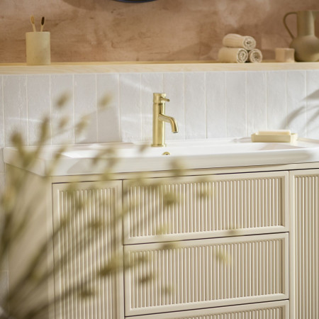 BOTA-1000FLUTED-STONE Scudo Bota Freestanding 1000mm Fluted Vanity Unit and Basin in Stone with Brushed Brass Tap