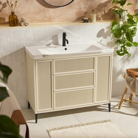 BOTA-1000FLUTED-STONE Scudo Bota Freestanding 1000mm Fluted Vanity Unit and Basin in Stone Bathroom Setting