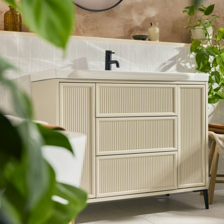 BOTA-1000FLUTED-STONE Scudo Bota Freestanding 1000mm Fluted Vanity Unit and Basin in Stone with Black Basin Mixer Tap