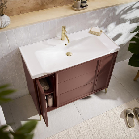 BOTA-1000-RED Scudo Bota Freestanding 1000mm Vanity Unit and Basin in Earth Red with Door Open