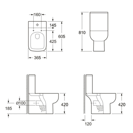 Scudo Choices 600 Short Projection Open Back Pan with Cistern & Soft Closing Seat Line Drawing