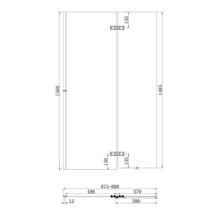SCREEN006 Scudo Chrome 900mm Square Pivot Bath Screen and Fixed Panel Line Drawing