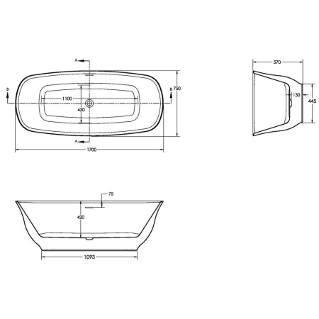 BATH-004 Scudo Coral 1700 x 750mm Freestanding Bath Line Drawing