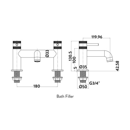 NU-009 Scudo Core Bath Filler in Brushed Brass Technical Drawing