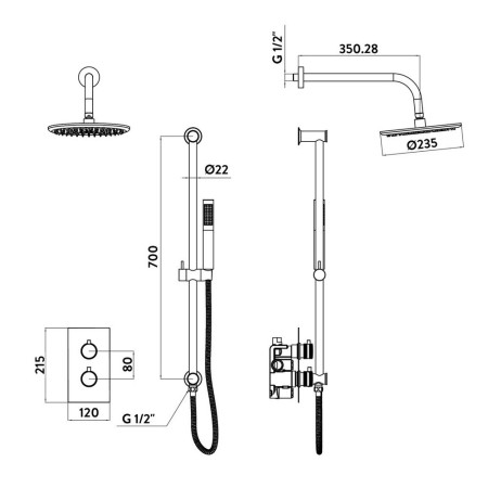 NU-023 Scudo Core Black Concealed Valve with Riser Kit and Fixed Showerhead Line Drawing