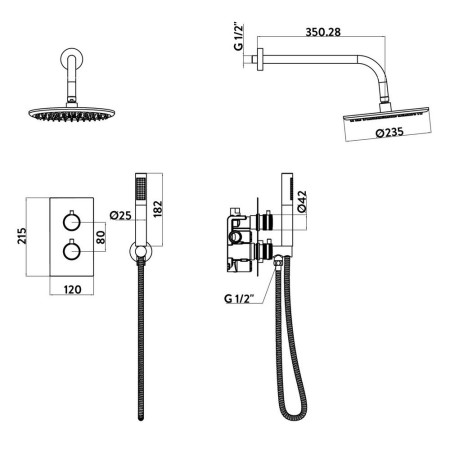 NU-030 Scudo Core Brushed Brass Concealed Valve with Handset and Fixed Showerhead Dimensions
