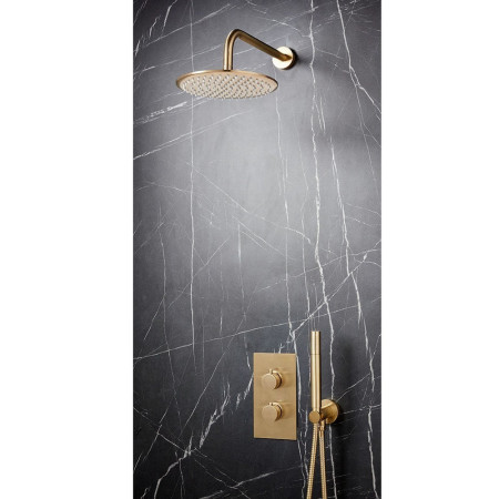 NU-030 Scudo Core Brushed Brass Concealed Valve with Handset and Fixed Showerhead Lifestyle