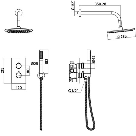NU-043 Scudo Core Brushed Bronze Concealed Valve with Handset and Fixed Showerhead Line Drawing