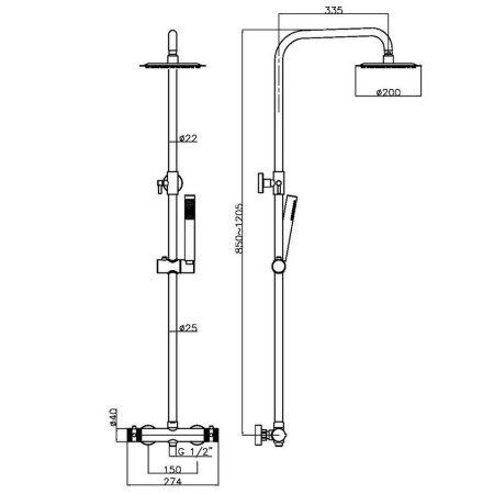 NU-042 Scudo Core Brushed Bronze Rigid Riser Shower Dimensions
