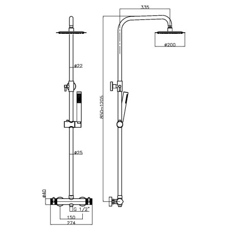 NU-019 Scudo Core Chrome Rigid Riser Shower Line Drawing
