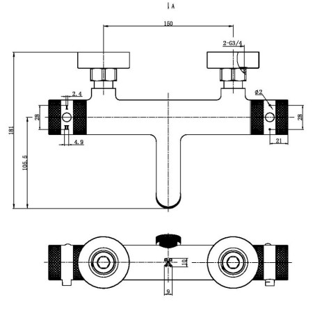 NU-139 Scudo Core Chrome Wall Mounted Bath Shower Mixer Line Drawing