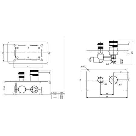 NU-138 Scudo Core Concealed Manual Dual Outlet Shower Valve in Gunmetal Line Drawing