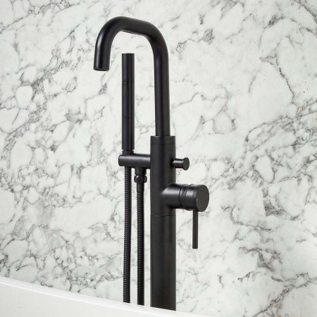 NU-017 Scudo Core Freestanding Bath Shower Mixer in Black Lifestyle