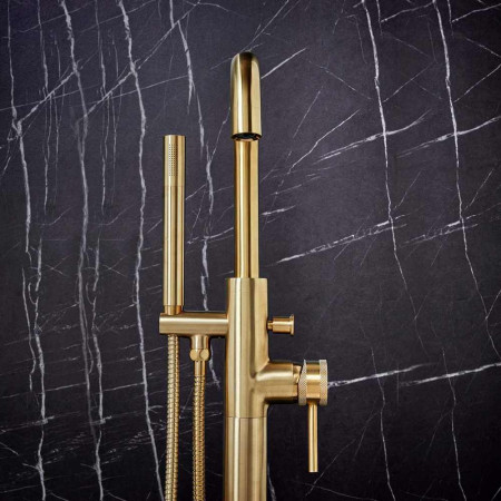 NU-018 Scudo Core Freestanding Bath Shower Mixer in Brushed Brass Lifestyle Two