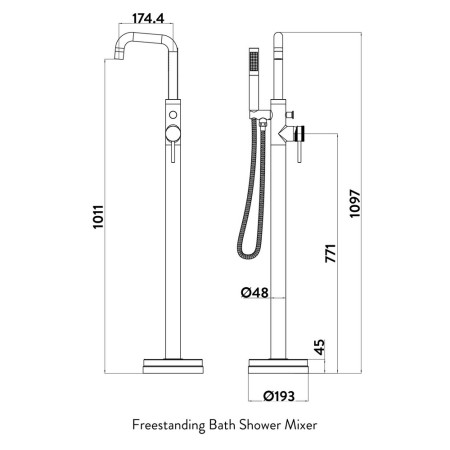 NU-017 Scudo Core Freestanding Bath Shower Mixer in Black Technical Drawing