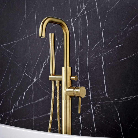 Scudo Core Freestanding Bath Shower Mixer in Brushed Brass Lifestyle