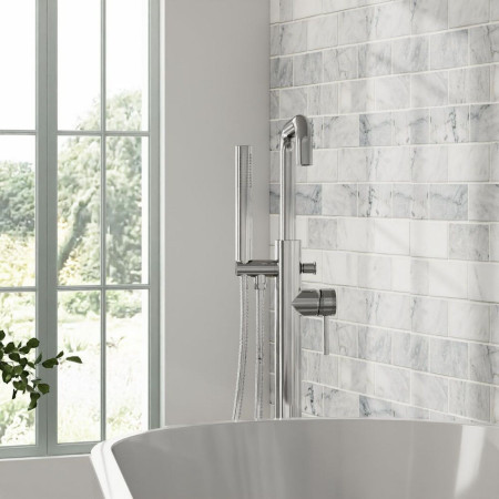 NU-016 Scudo Core Freestanding Bath Shower Mixer in Chrome Bathroom Setting