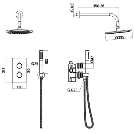 NU-036 Scudo Core Gunmetal Concealed Valve with Handset and Fixed Showerhead Line Drawing