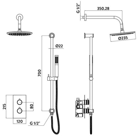 NU-037 Scudo Core Gunmetal Concealed Valve with Riser Kit and Fixed Showerhead Line Drawing