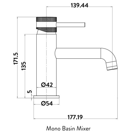 NU-159 Scudo Core Mono Basin Mixer in Brushed Nickel Line Drawing