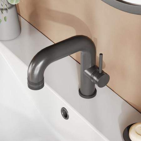 NU-046 Scudo Core Side Lever Mono Basin Mixer in Gunmetal with Cross Hatch Handle