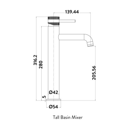 NU-005 Scudo Core Tall Mono Basin Mixer Black Technical Drawing