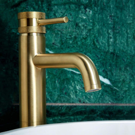 Scudo Core Tall Mono Basin Mixer in Brushed Brass Lifestyle