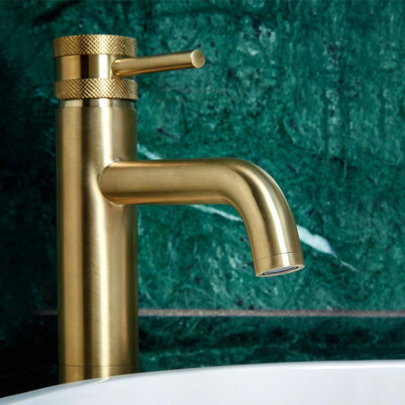NU-006 Scudo Core Tall Mono Basin Mixer in Brushed Brass Lifestyle