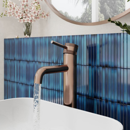 NU-039 Scudo Core Tall Mono Basin Mixer in Brushed Bronze Bathroom Setting