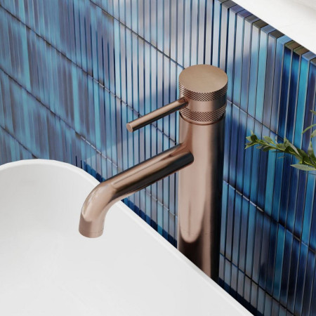 NU-039 Scudo Core Tall Mono Basin Mixer in Brushed Bronze with Cross Hatch Handle