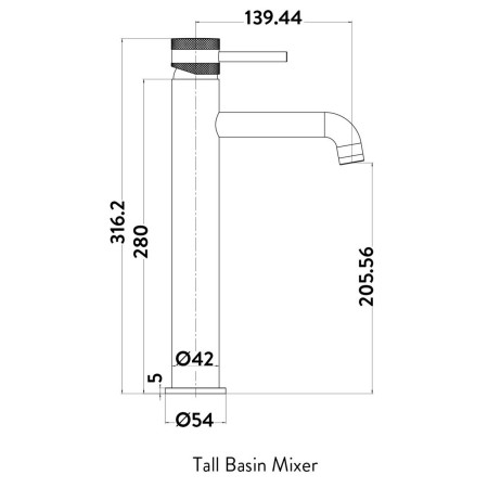 NU-160 Scudo Core Tall Mono Basin Mixer in Brushed Nickel Dimensions