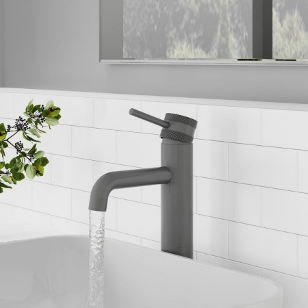 NU-032 Scudo Core Tall Mono Basin Mixer in Gunmetal Bathroom Setting