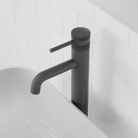 NU-032 Scudo Core Tall Mono Basin Mixer in Gunmetal with Cross Hatch Handle