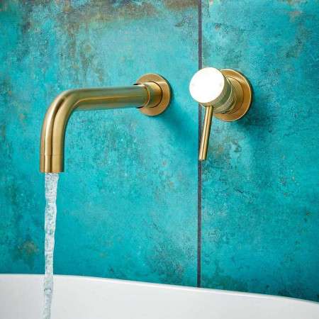 NU-015-V2 Scudo Core Wall Mounted Basin Mixer Tap in Brushed Brass Lifestyle