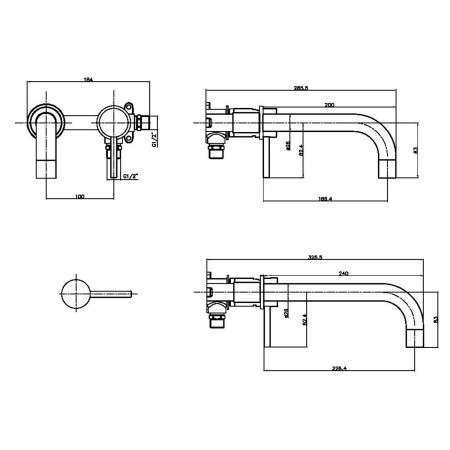 NU-161 Scudo Core Wall Mounted Basin Mixer Tap in Brushed Nickel Line Drawing