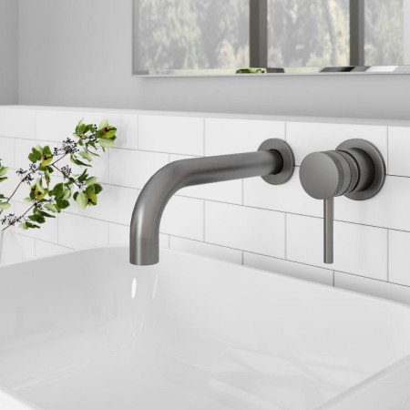 NU-033 Scudo Core Wall Mounted Basin Mixer Tap in Gunmetal with Cross Hatch Handle