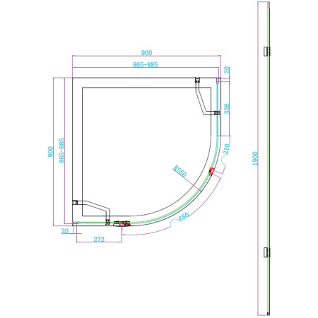 Scudo Dawn Athena 900mm Hinged Quadrant Brushed Brass Shower Enclosure Line Drawing