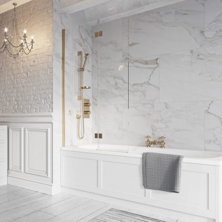 Scudo Dawn Thalia 1500 x 900mm Brushed Brass Inward Opening Bath Screen