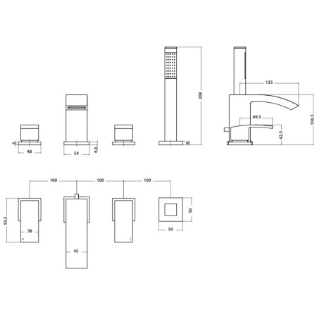 TAP254 Scudo Descent Four Tap Hole Deck Mounted Bath Shower Mixer in Chrome Line Drawing
