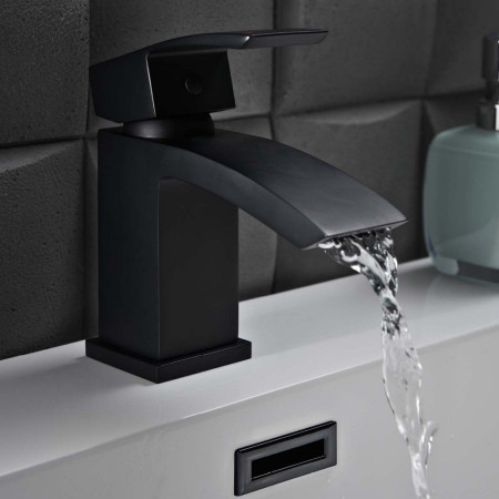 BLACK250ORBL Scudo Descent Mini Mono Basin Mixer with Push Waste in Black Lifestyle