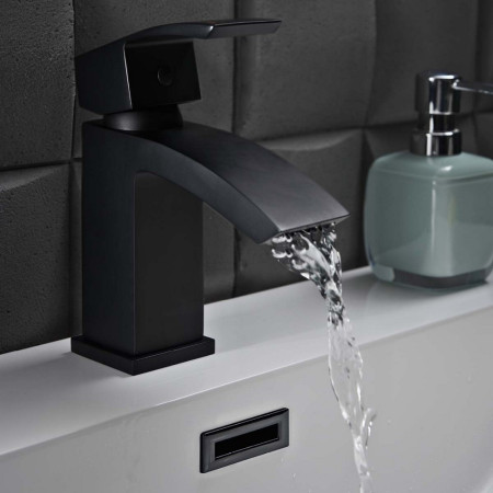 BLACK251ORBL Scudo Descent Mono Basin Mixer with Push Waste in Black Lifestyle