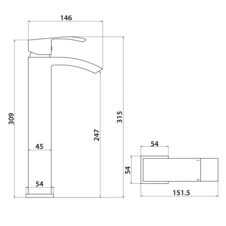 TAP252 Scudo Descent Tall Mono Basin Mixer in Chrome Line Drawing
