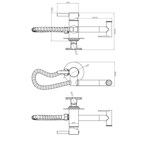 DOUCHE013 Scudo Douche Handset with Flexi Hose and Outlet Elbow in Gunmetal Line Drawing
