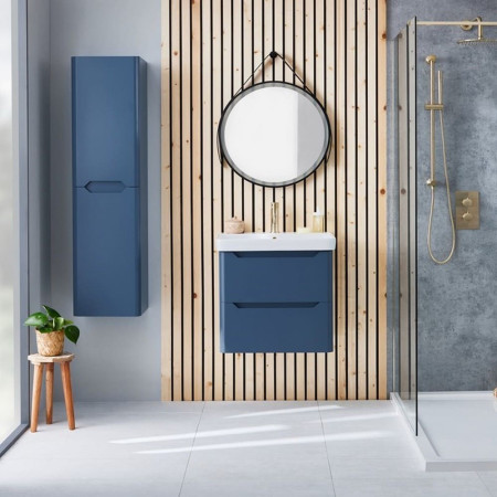 ELLA-TALLBOY-BLUE Scudo Ella 1400mm Wall Hung Tall Boy Cabinet in Matt Twilight Blue Lifestyle