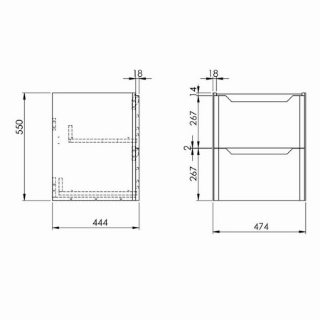 ELLA-500WALLUNIT-WHITE/DEEP500 Scudo Ella 500mm Wall Hung Vanity Unit with Basin in Gloss White Line Drawing