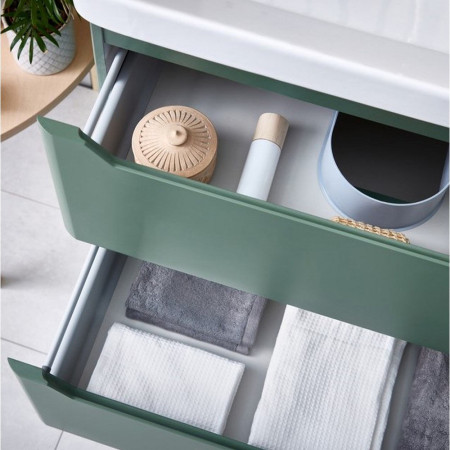 Scudo Ella 800mm Wall Hung Vanity Unit with Basin in Matt Sage Green Drawer Close Up