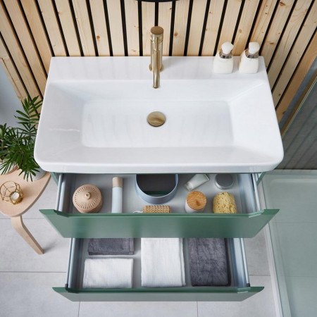 Scudo Ella 800mm Wall Hung Vanity Unit with Basin in Matt Sage Green Bathroom Setting