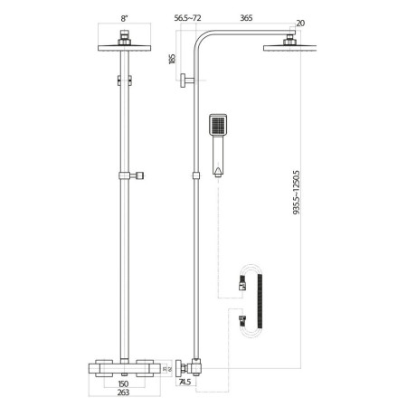 SK500 Scudo Elliot Square Chrome Rigid Riser Shower Line Drawing