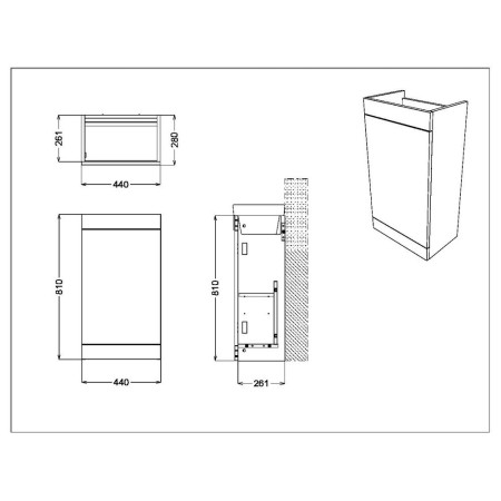 ESME-450UNIT-WHITE/BASIN007 Scudo Esme 450mm Gloss White Cloakroom Vanity Unit and Basin Line Drawing